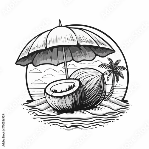 Vintage style black and white drawing of a tropical island getaway featuring coconuts and a parasol on the shore