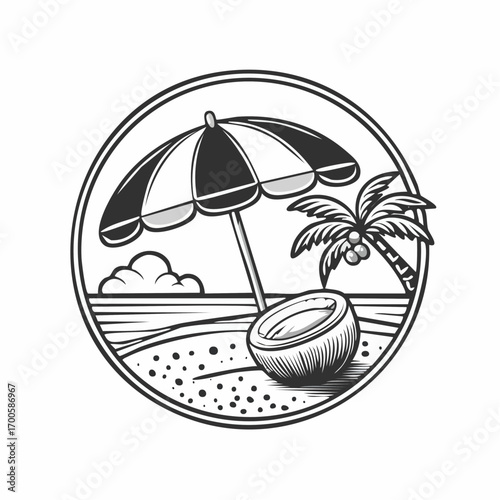 Embrace the serene beauty of a tropical paradise with this vintage-style illustration, featuring a classic beach umbrella and a refreshing coconut by the ocean, framed in a perfect circle