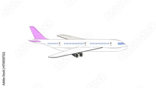 Side view of commercial airplane soaring 2D object doodle animation. Modern air travel and aviation. Aircraft sideview animated flat element isolated on white background. Cartoon 4K video drawing