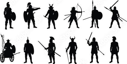 Ancient warrior silhouettes collection with knights, samurai, archers, spearmen, medieval soldiers, battle armor, weapons, historical fighters, combat poses