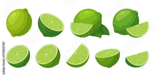Fresh Green Limes Sliced and Whole on White Background Enhancing Culinary Creations and Healthy Lifestyle Designs
