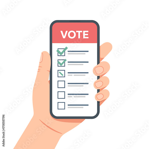 Hand holding smartphone with vote list and checkmarks symbolizing participation in democratic elections and online survey