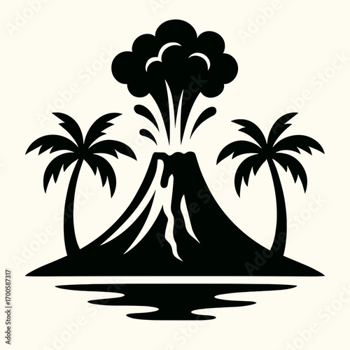 Bold black silhouette of a volcano erupting with palm trees on a light background