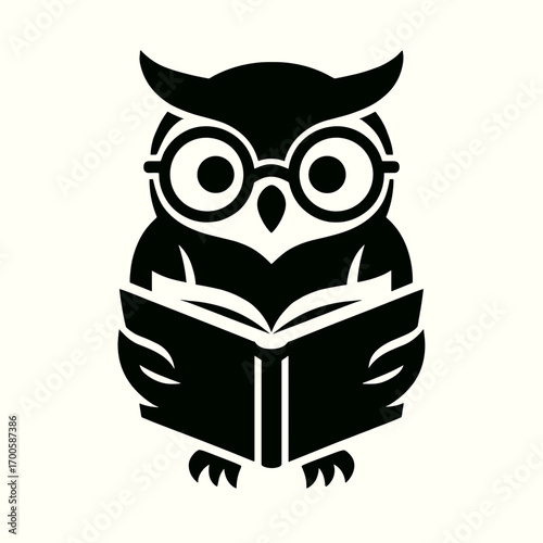 Intelligent owl reading a book in a bold black silhouette on a light background