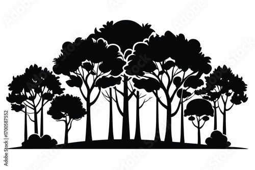 Silhouette of Trees and Bushes Forming a Forest Scene in Vector Illustration