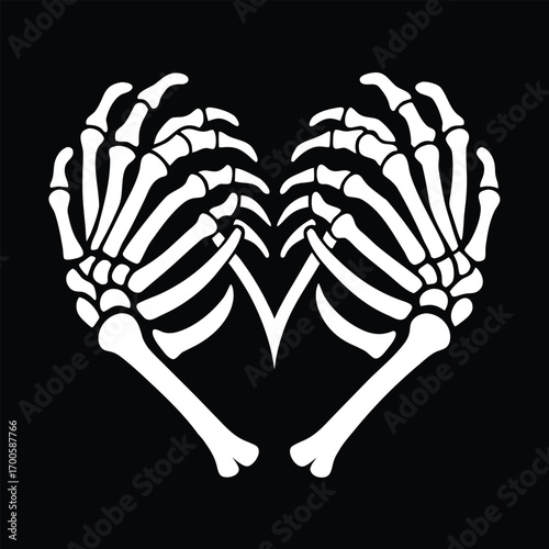 Two skeletal hands forming a heart shape with vibrant colors and a dark background