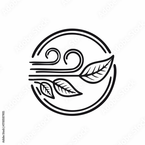 Minimalist line art icon of wind blowing leaves within a circle, symbolizing nature, air flow, and ecology