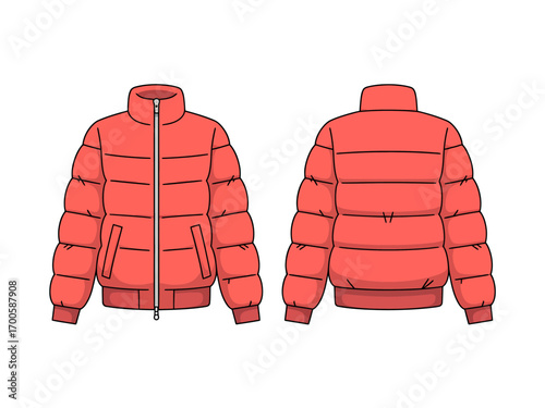 Trendy Coral Puffer Jacket Illustration Front and Back View Winter Fashion Apparel Graphic Design
