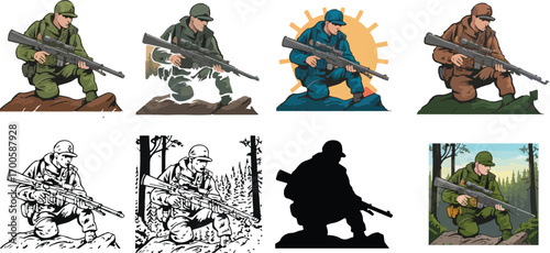 Tactical Sniper Soldier Vector Illustration set	