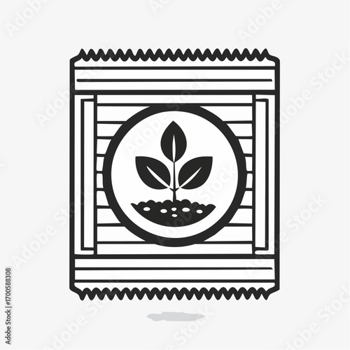 Black and white vector icon of a seed packet with a sprout logo, symbolizing growth, farming, and organic planting