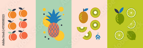 Colorful and Fresh Fruit Illustration with Peaches Pineapple Kiwi and Lime for Healthy Eating Promotion and Tropical Vibe