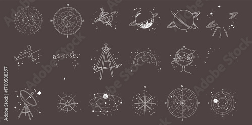 Astronomy and space icons, celestial objects, planets, telescopes, star maps, compass, constellation charts, scientific instruments, cosmic and planetary symbols