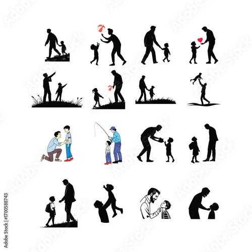 Black and white vector silhouettes of various people playing sports, including football, soccer, tennis, and basketball, Father And Son Silhouette Illustration  
