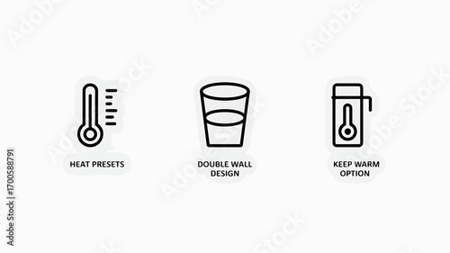 Minimalist Icon Set Featuring Heat Presets Double Wall Design and Keep Warm Option on White Background