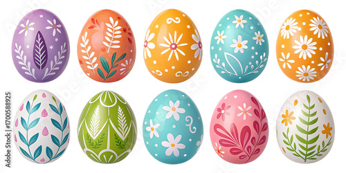 Colorful Hand-Painted Easter Eggs PNG Set – Glossy Decorative Eggs with Flowers, Leaves & Zigzag Patterns, Transparent Background, No Shadows
