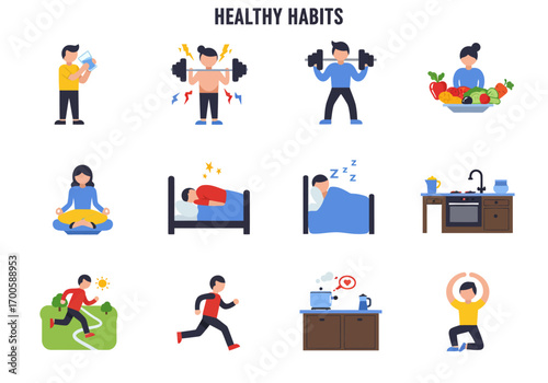 12 icons depicting healthy habits like hydration weightlifting diet meditation sleep running and cooking