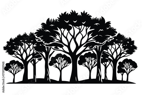 Graphic Silhouette Illustration Depicting a Dense Forest Landscape with Various Trees and Birds