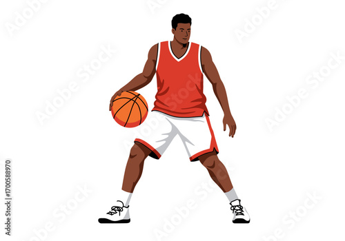 A basketball player with a ball dressed in red and white in a stance