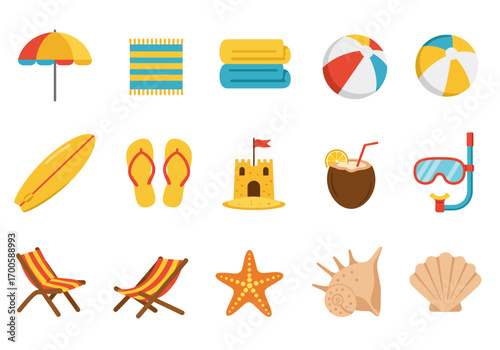 A beachthemed vector illustration with 15 distinct icons