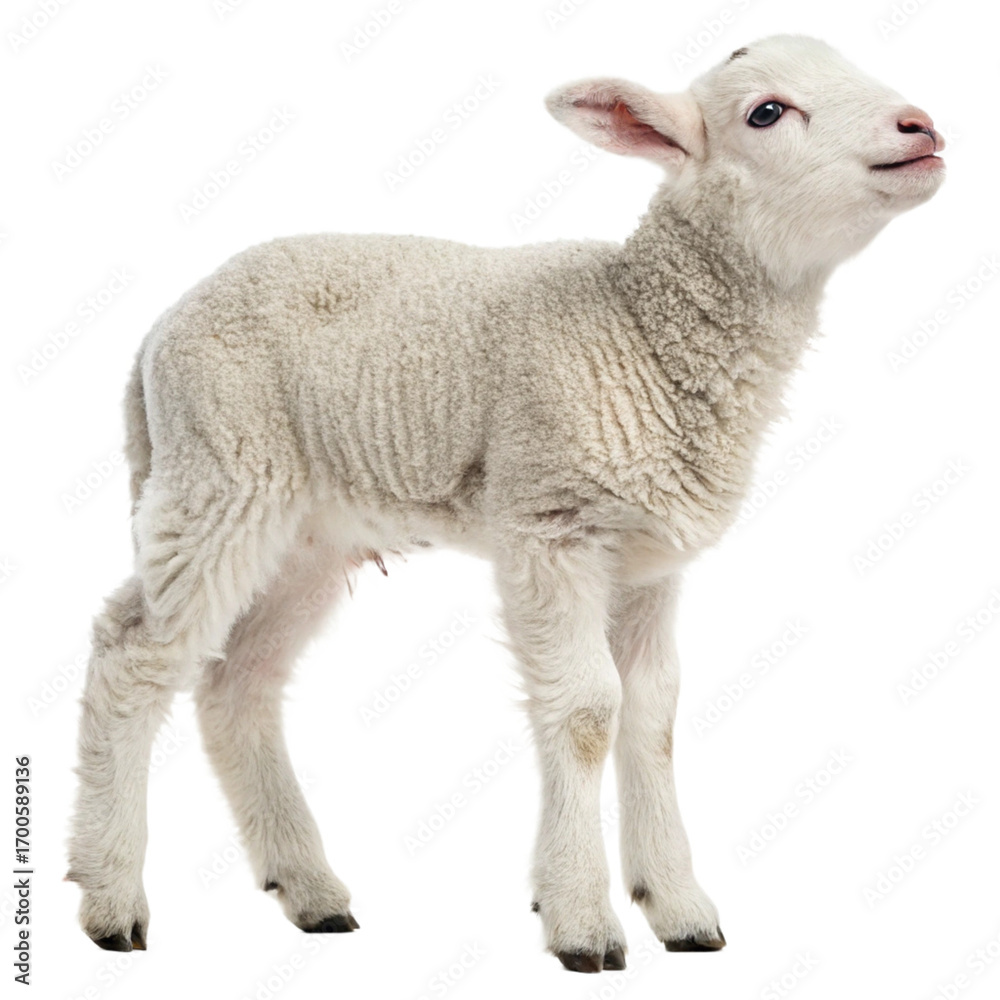 Fototapeta premium Adorable Lamb in Profile with Fluffy White Wool isolated on transparent background
