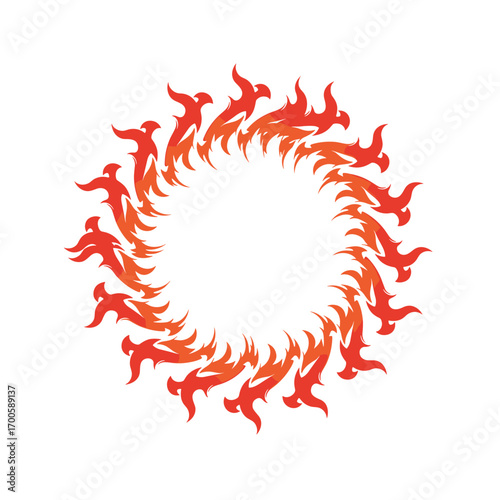 Circular fiery sunburst emblem with energetic flames and dynamic swirling patterns