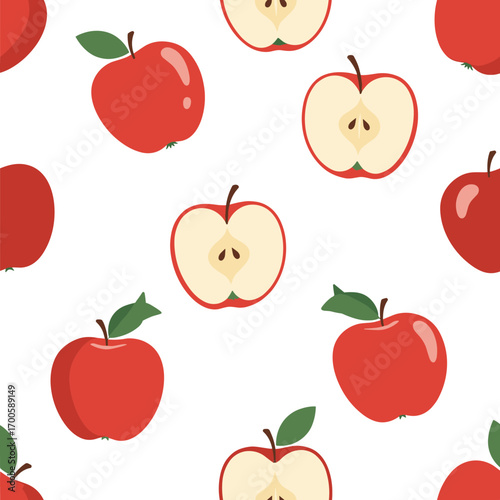 A seamless pattern of delicious red apples and freshly cut apple halves