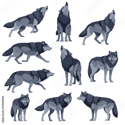 A diverse collection of pixel art wolves in various poses capturing their wild spirit and majestic presence