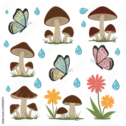 Enchanting forest scene with butterflies mushrooms and gentle raindrops