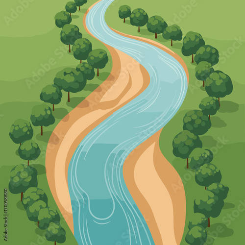 Serene river meandering through lush green landscape with trees on both sides detailed aerial view