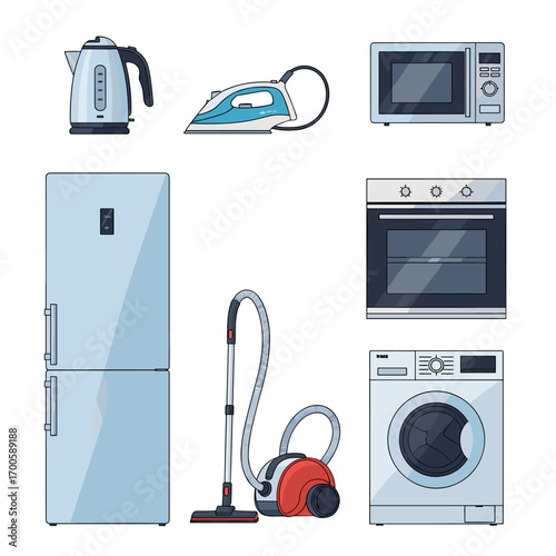 Collection of essential household appliances for modern living spaces