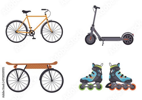A collection of vehicles including a bike scooter skateboard and roller skates are illustrated in a vector graphic