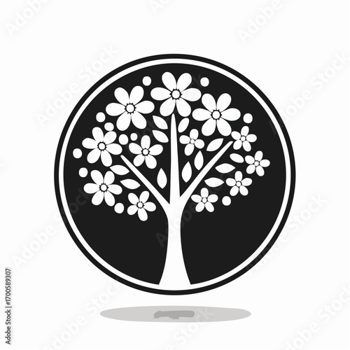 Elegant black and white icon of a blooming tree with delicate flowers, enclosed in a circular frame, symbolizing nature, growth, and life