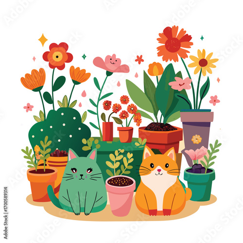 Whimsical illustration of a cozy garden scene with blooming flowers and lush greenery