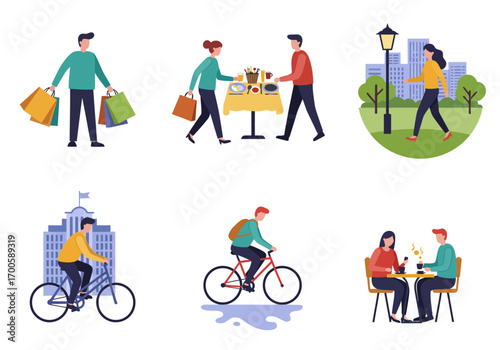 A graphic depicts people shopping dining walking biking and at a café in various city settings