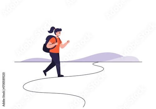 A hiker with a backpack is walking on a winding path