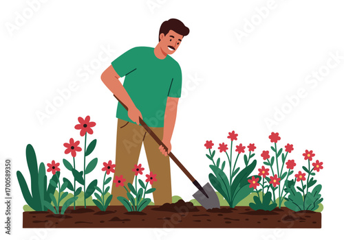 A man digs in a garden bed filled with red flowers and green plants using a shovel set against a white background