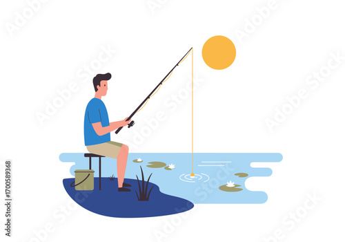 A man is fishing with a rod from a stool next to a pond with waterlilies in the sun