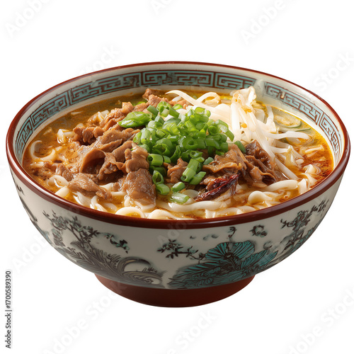 Chinese soup noodles in the bowl, Chinese la mian, Chinese cuisine, traditional chinese food, isolated on white transparent background, menu photography, food photography