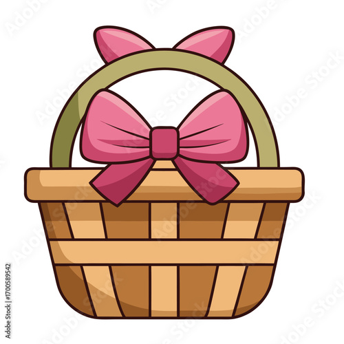 Charming cartoon wicker basket adorned with a large vibrant pink bow perfect for gift packaging or decorative elements