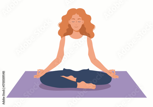 A person with curly red hair meditates in lotus position on a purple mat
