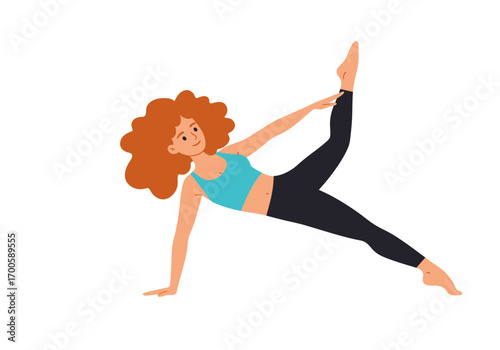 A redhaired woman does a yoga pose with one leg straight up in the air and her right arm held above her leg