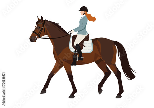 A rider on a brown horse wearing riding attire