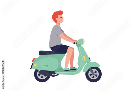 A redhaired person rides a mint green scooter depicted in a flat cartoonish style