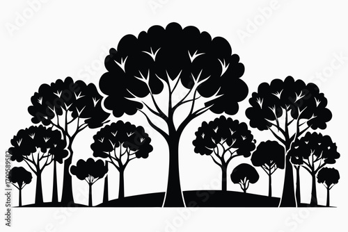 Silhouetted Landscape with a Forest of Trees and Hilltops in Black and White Graphic