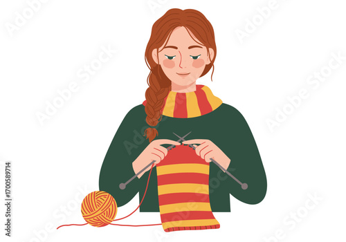 A woman knitting a striped scarf with red hair braided