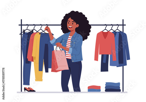 An animated woman shops examining clothes on a rack with a bag