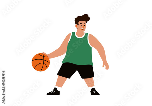 Basketball player in green jersey dribbling orange ball