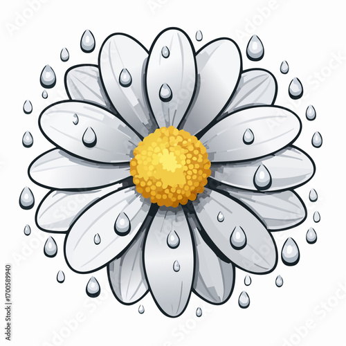 Delicate white daisy flower illustration covered in sparkling morning dew drops, a beautiful symbol of natural freshness and purity on an isolated background
