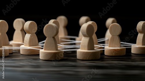 Wooden figures representing people are interconnected by white lines on a neutral grey background, symbolizing collaboration and networking in a professional environment
