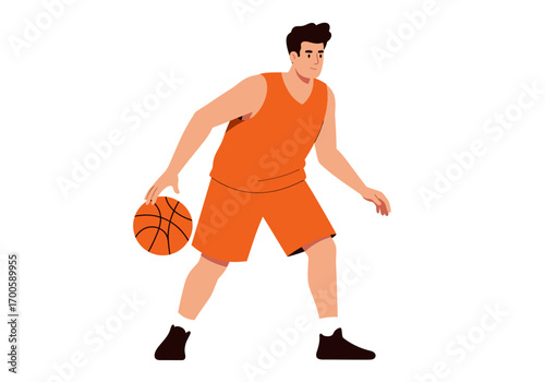 Basketball player in orange uniform dribbles a ball depicted in a flat graphic style against a white background